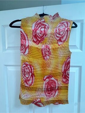 NICOLA Yellow & Pink Rose-Print Mock Neck Sleeveless Top